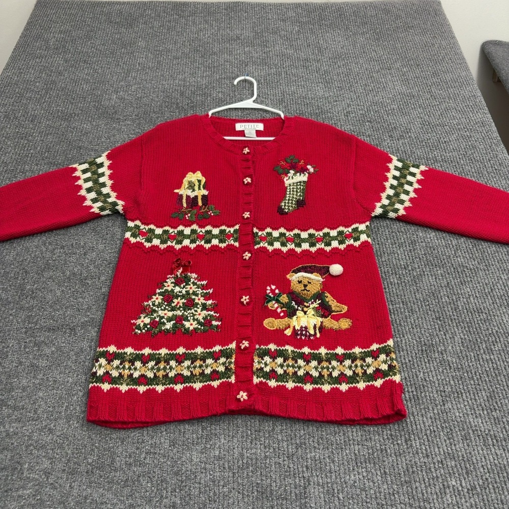 Vintage Petite Sophisticate Sweater Women L Red Ramie Cotton Embroidered Holiday
